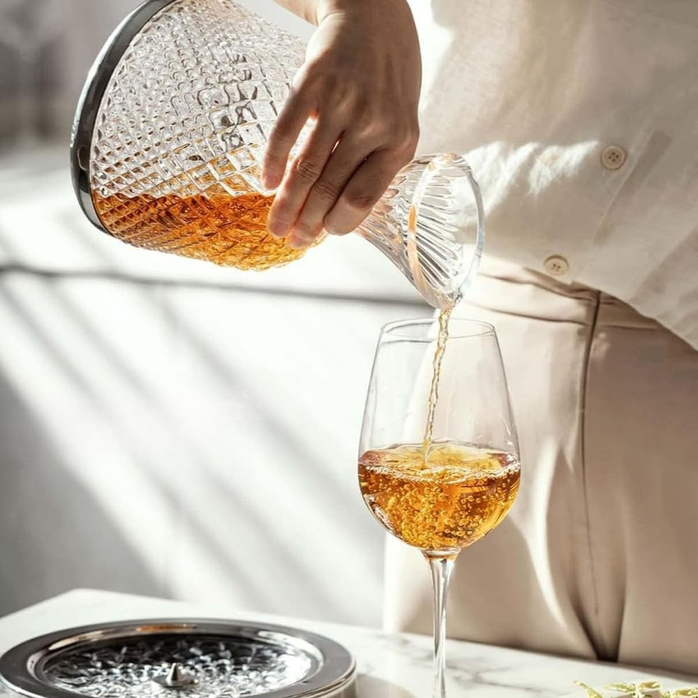 Frafuo 1.5L Spinning Wine Decanter Set with Stainless Steel Base NEW