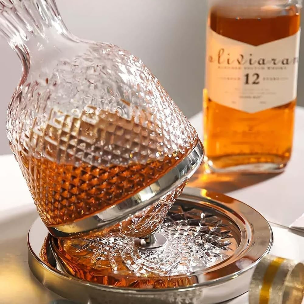 Frafuo 1.5L Spinning Wine Decanter Set with Stainless Steel Base NEW