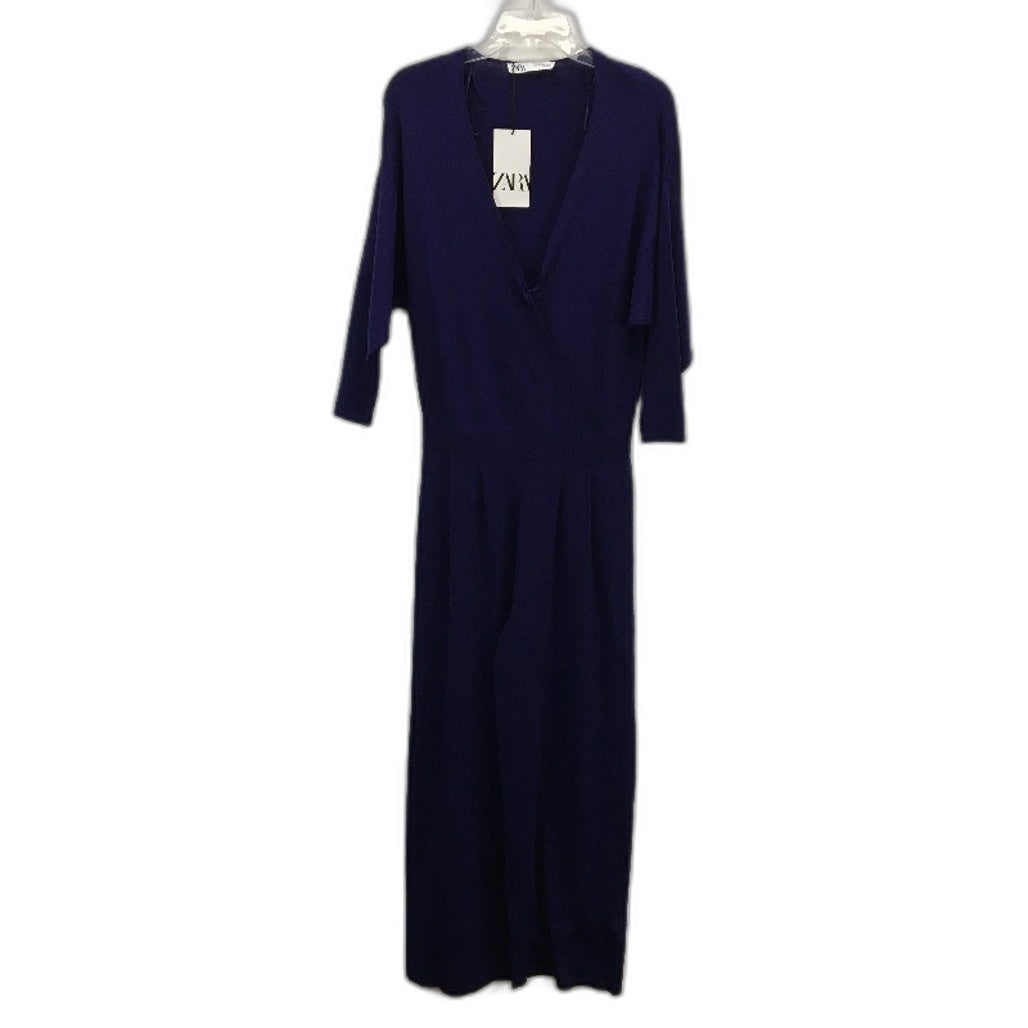 Zara Rib Knit Wrap Top Navy Mid Sleeve Wide Leg Jumpsuit Ladies Size Small