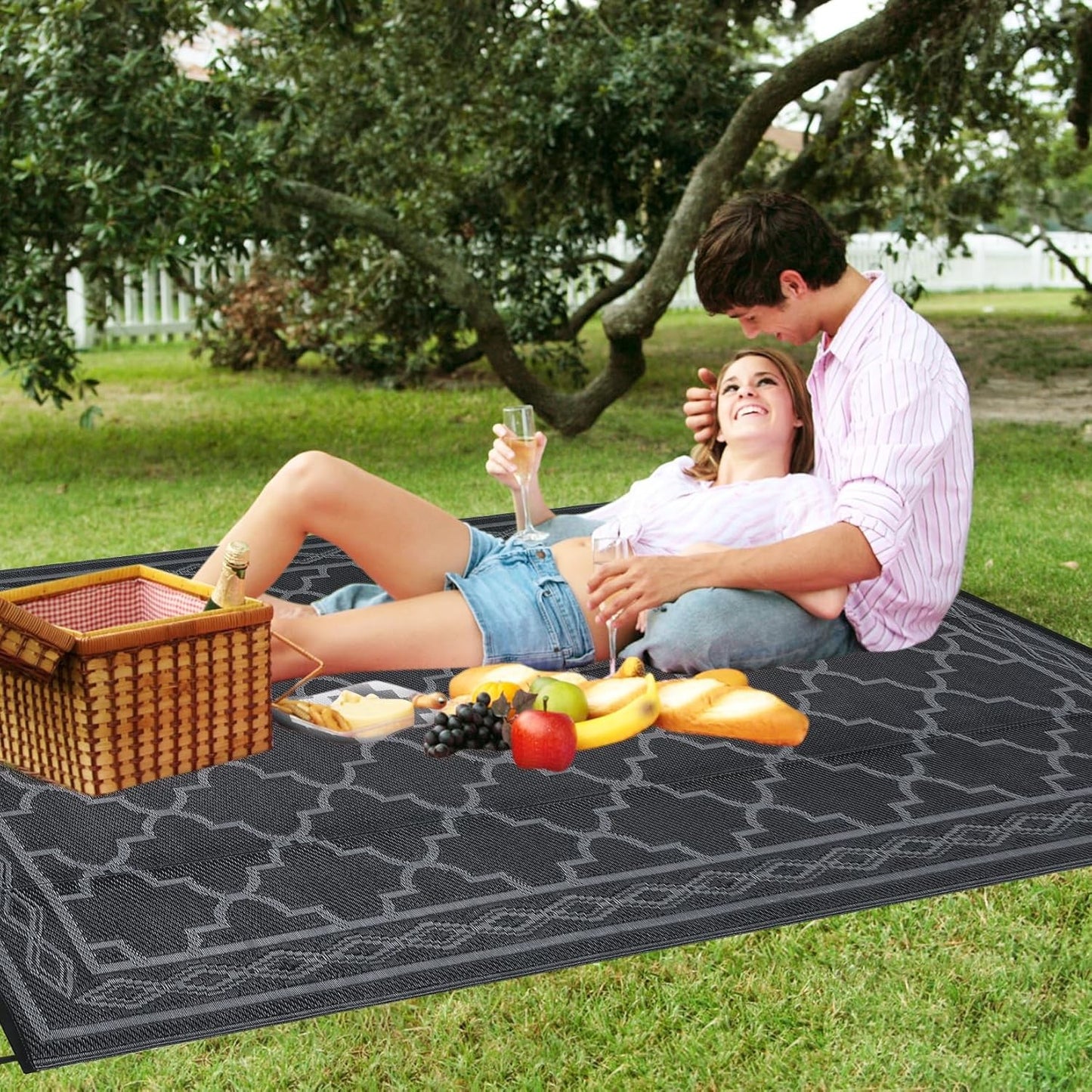 Flat Woven Outdoor Reversible Waterproof Black Grey Area Rug 152x244cm NEW