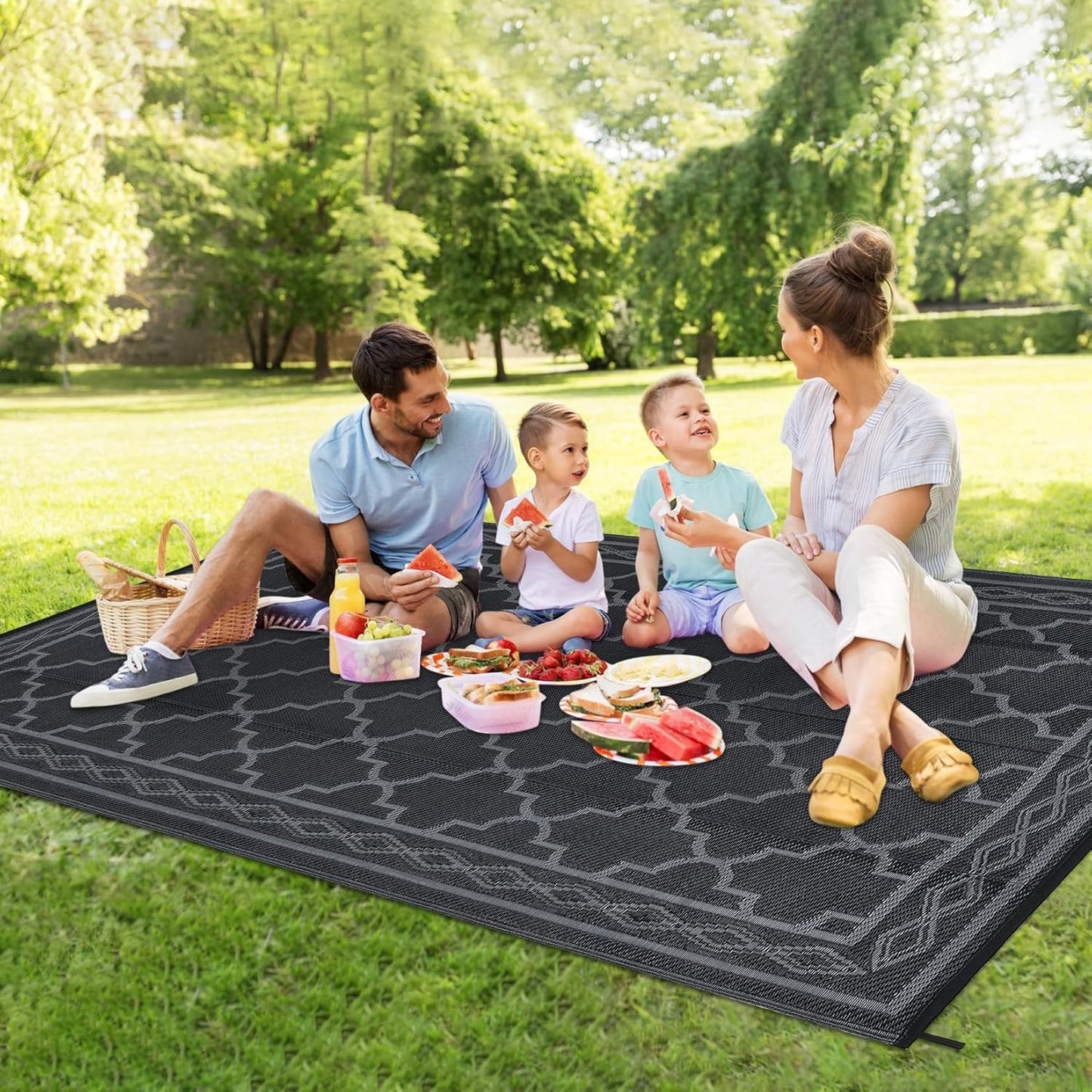 Flat Woven Outdoor Reversible Waterproof Black Grey Area Rug 152x244cm NEW