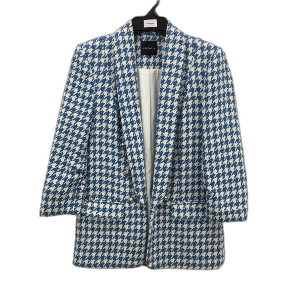 Portmans Blue White Houndstooth Weave Style Open Blazer Ruched Sleeve Size 12