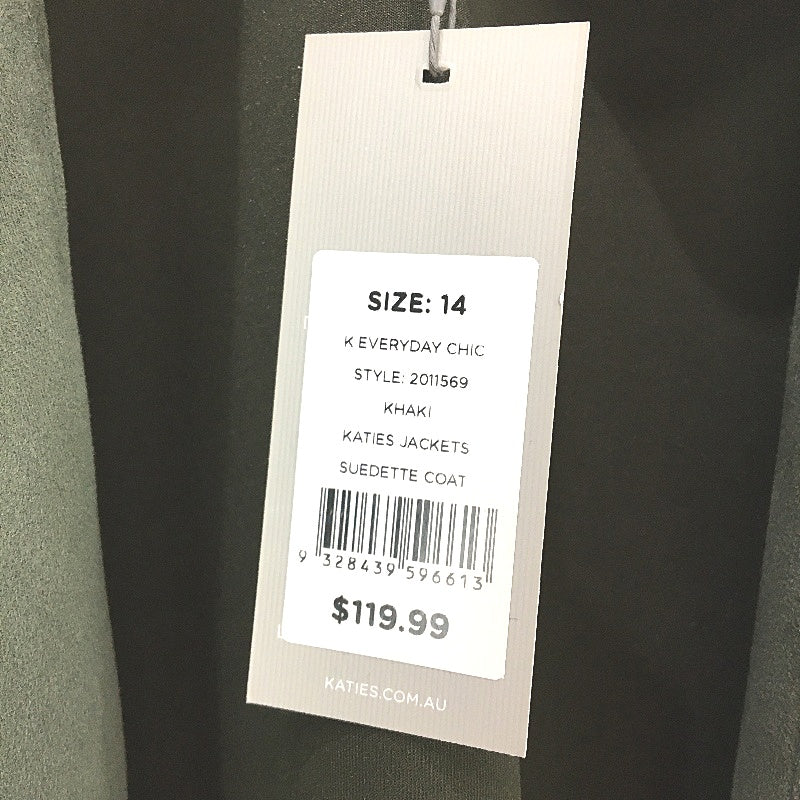 Katies Everday Chic Khaki Green Suedette Drape Style Coat Ladies Size 14 NEW