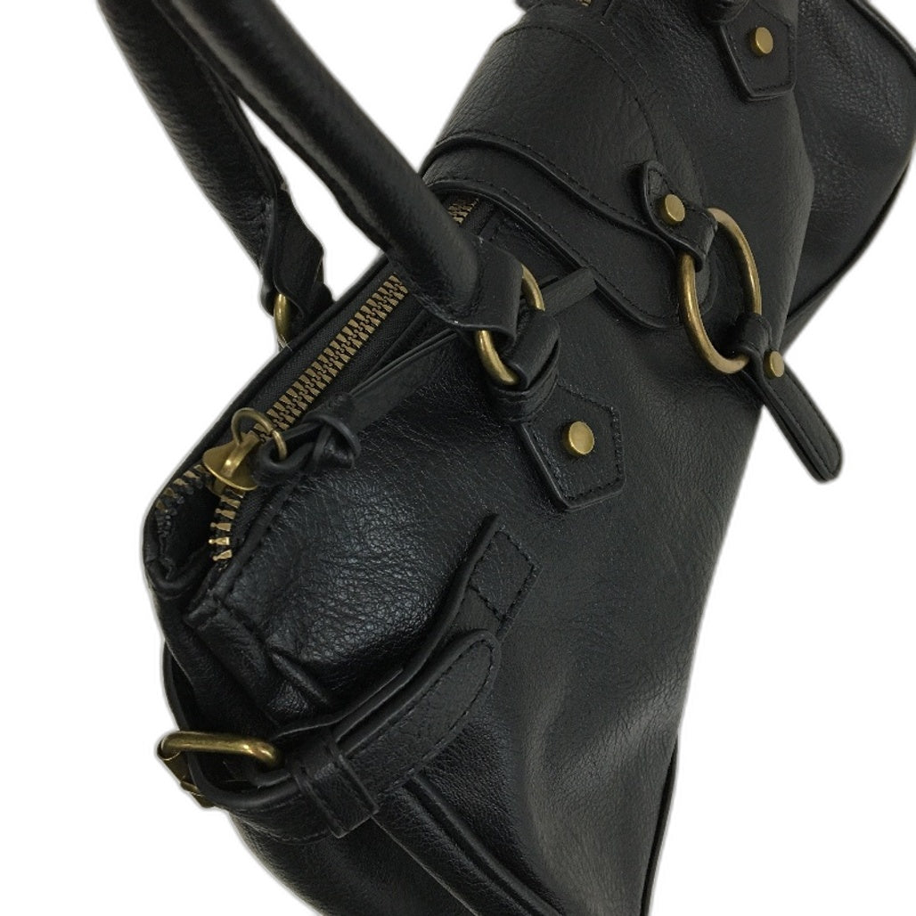 Black Leather Look Brass Accented Zip Up Everyday Hand Bag With Handles NEW