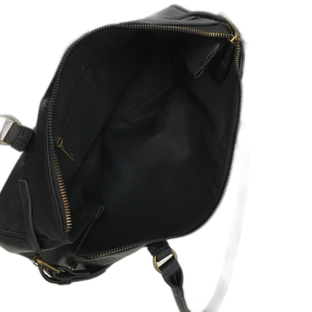Black Leather Look Brass Accented Zip Up Everyday Hand Bag With Handles NEW