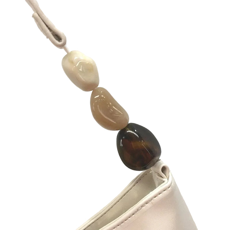 Porcelain Cream Leather Look Beaded Strap Curved Shape Shoulder Hand Bag NEW