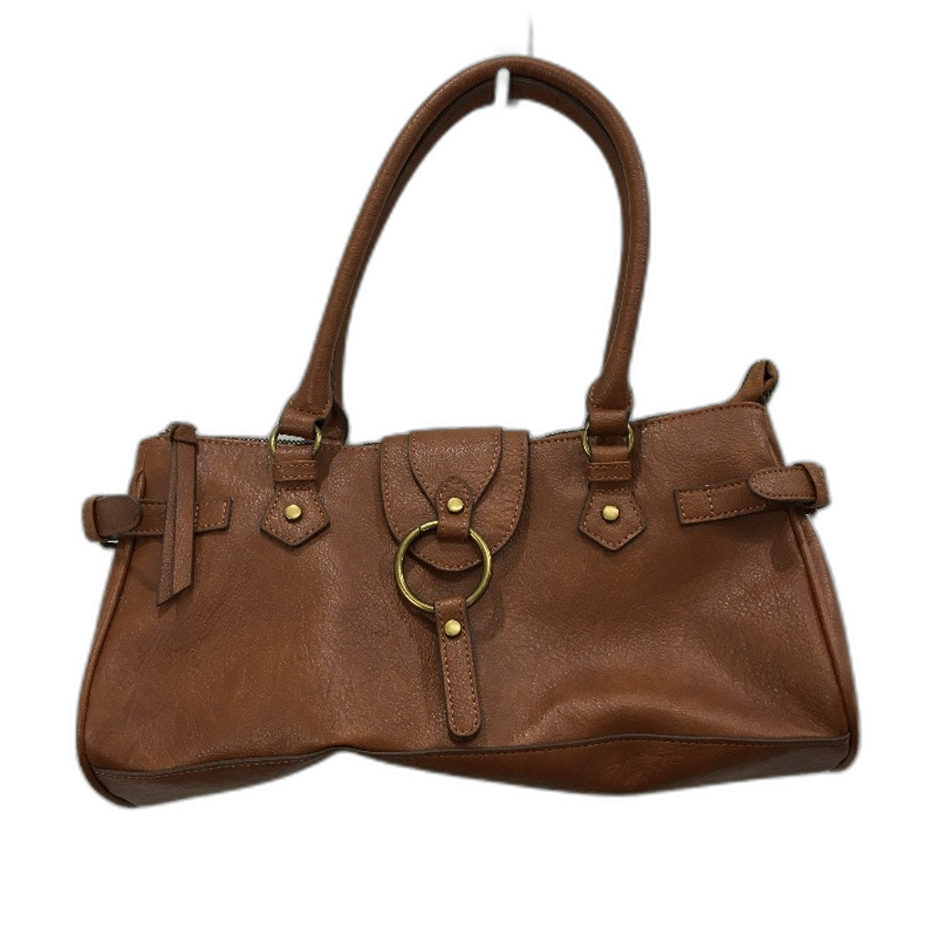 Brown Leather Look Brass Accented Zip Up Everyday Hand Bag With Handles NEW