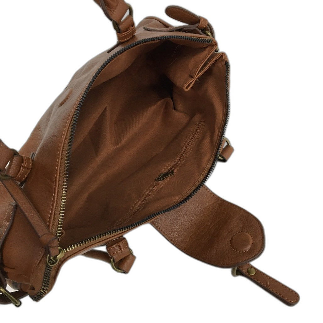 Brown Leather Look Brass Accented Zip Up Everyday Hand Bag With Handles NEW