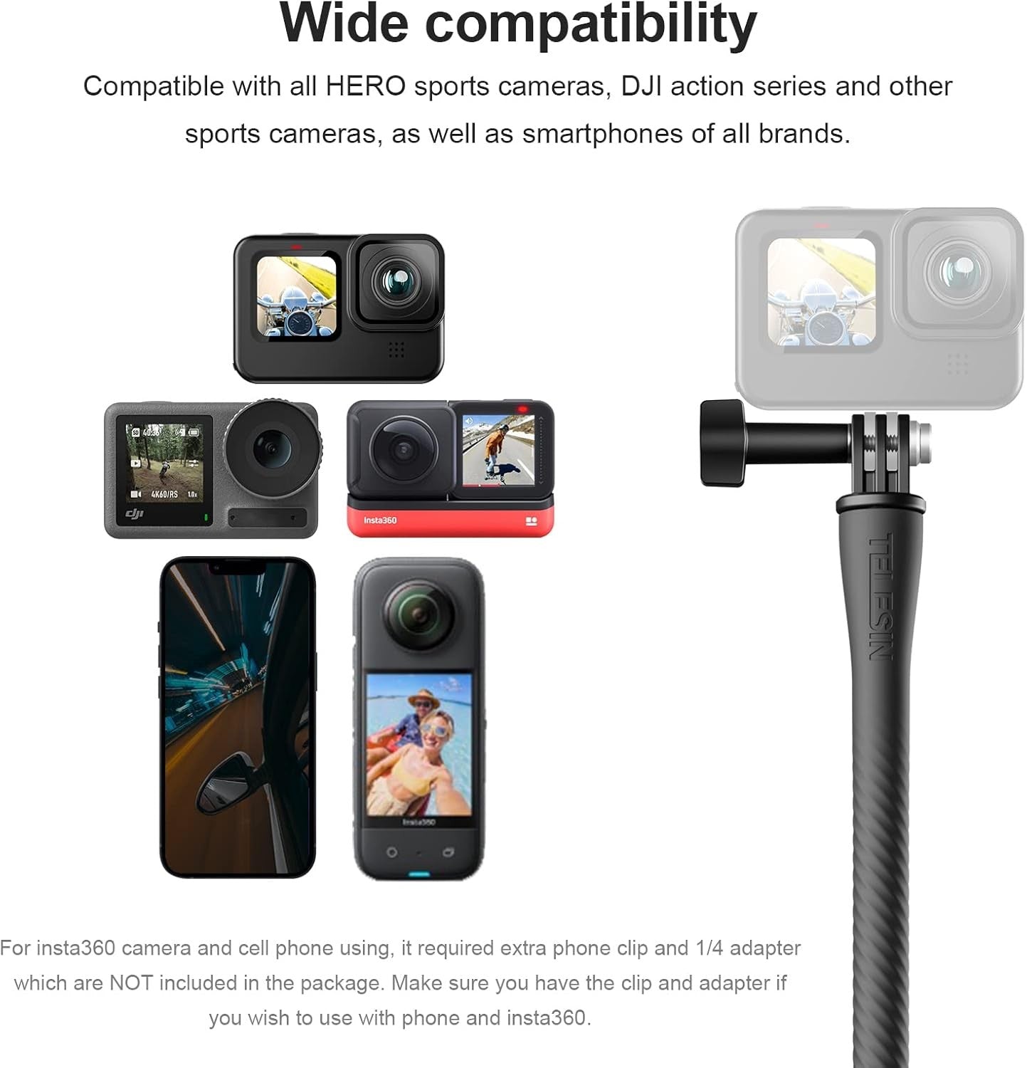 TELESIN Flexible Mount Clamp Selfie Stick for GoPro & Insta360