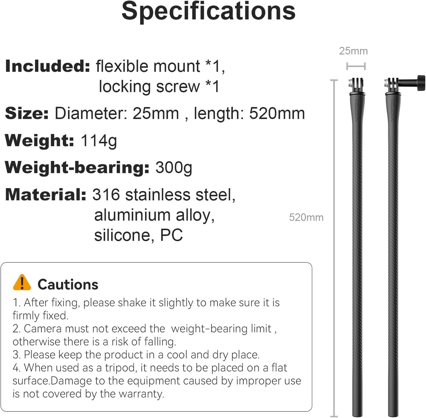 TELESIN Flexible Mount Clamp Selfie Stick for GoPro & Insta360