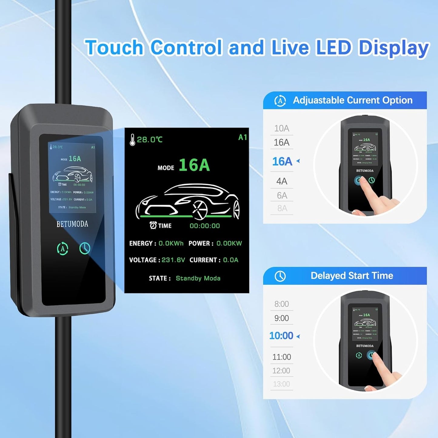 BETUMODA Portable Level 1 & 2 EV Charger 16Amp 24.8FT Cable