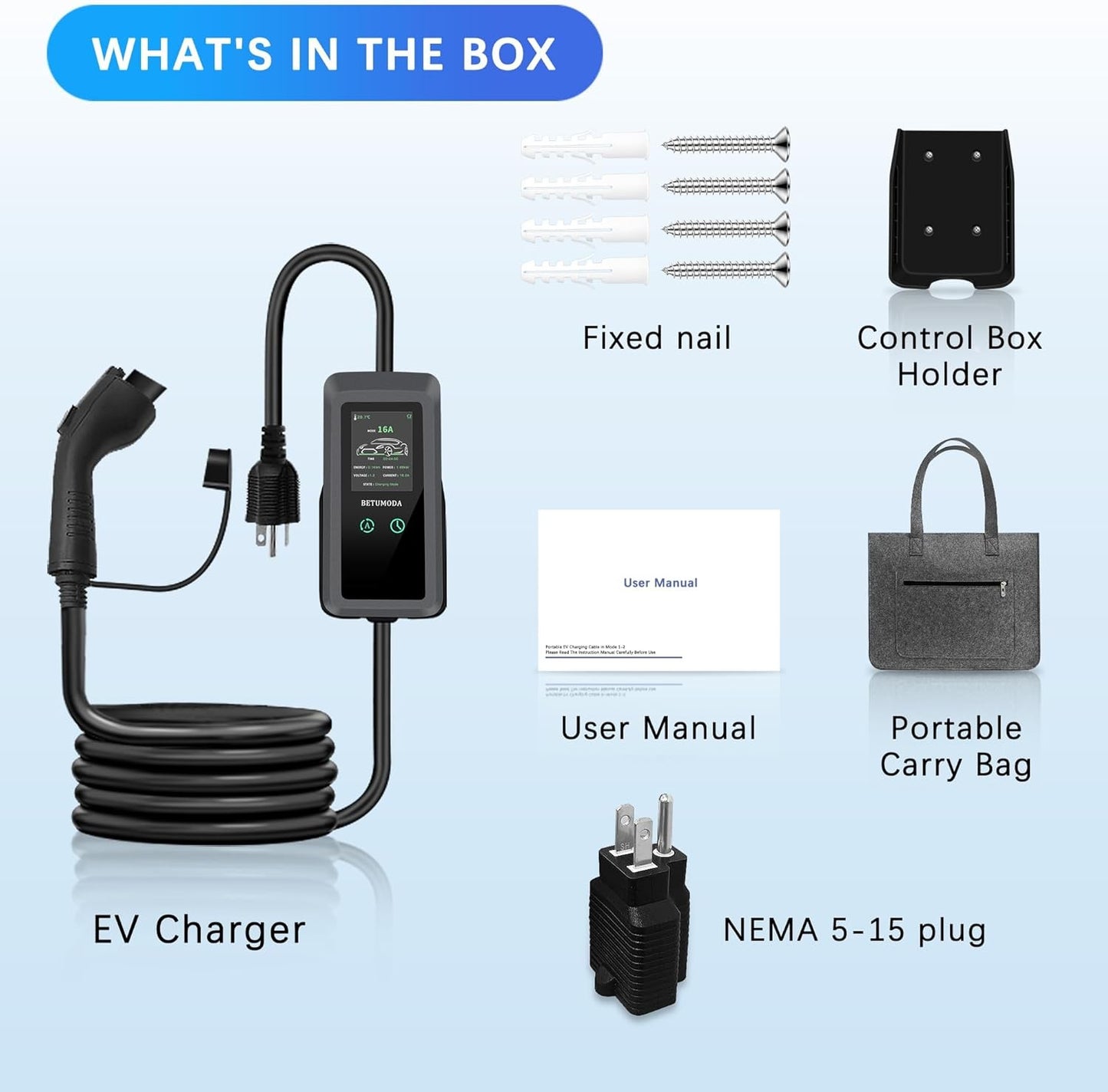 BETUMODA Portable Level 1 & 2 EV Charger 16Amp 24.8FT Cable