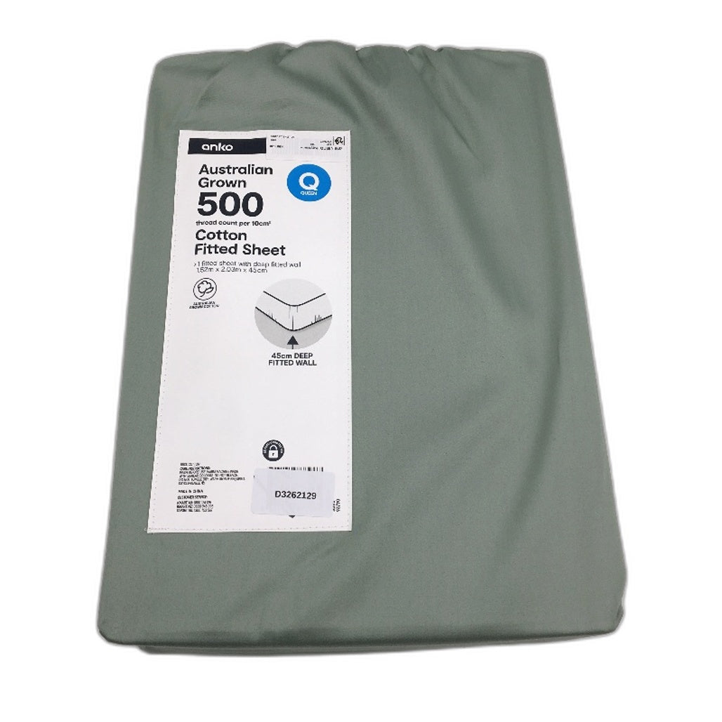 Australian Grown Cotton Sage Fitted Sheet 500 Thread Count QUEEN Size NEW