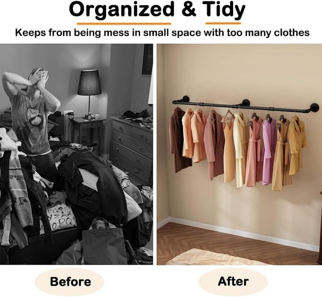 9SHOME 180cm Industrial Pipe Clothes Rail Heavy Duty Wall Mounted Rack NEW