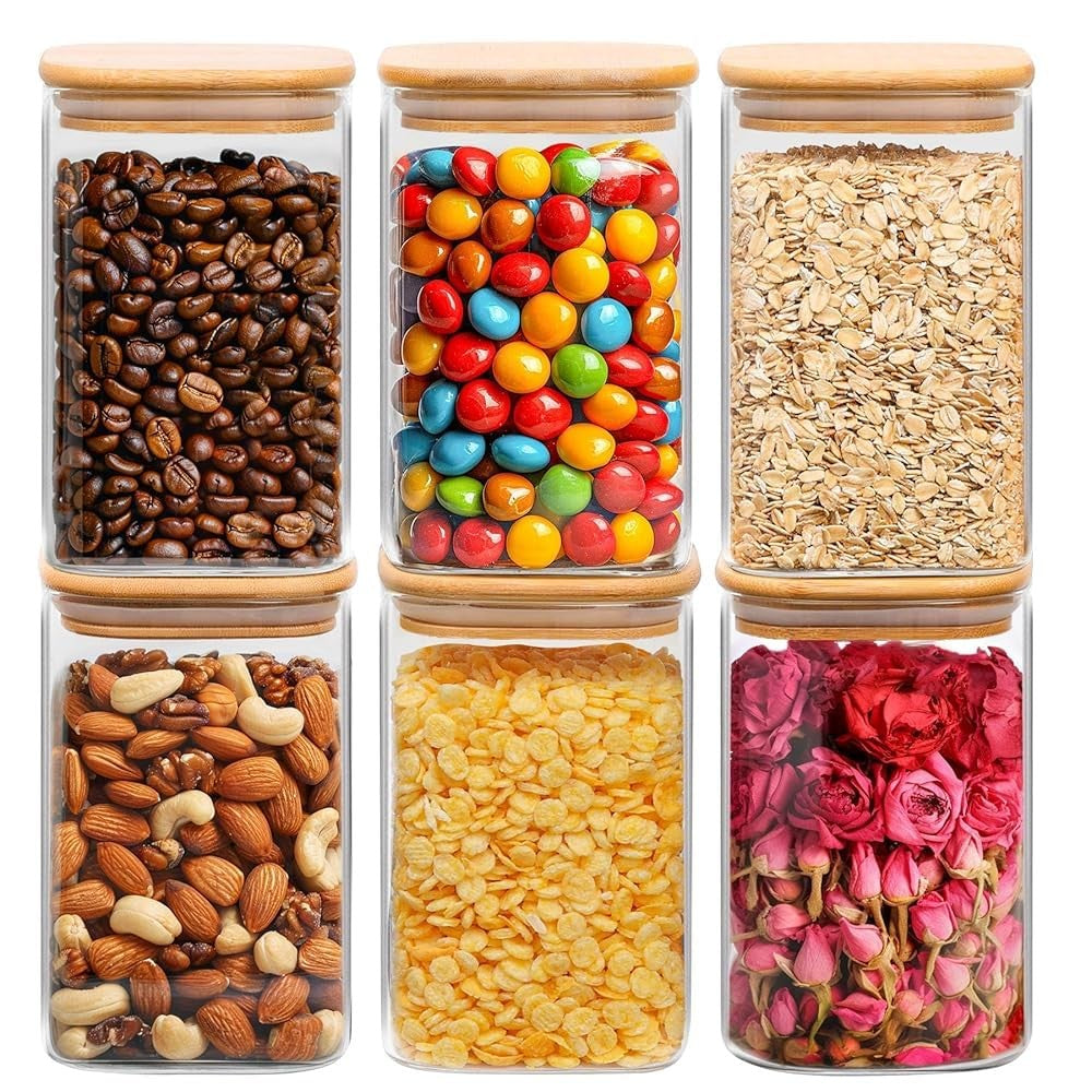 ComSaf Set of 6 1.1L Square Glass Food Storage Jars with Bamboo Lids NEW
