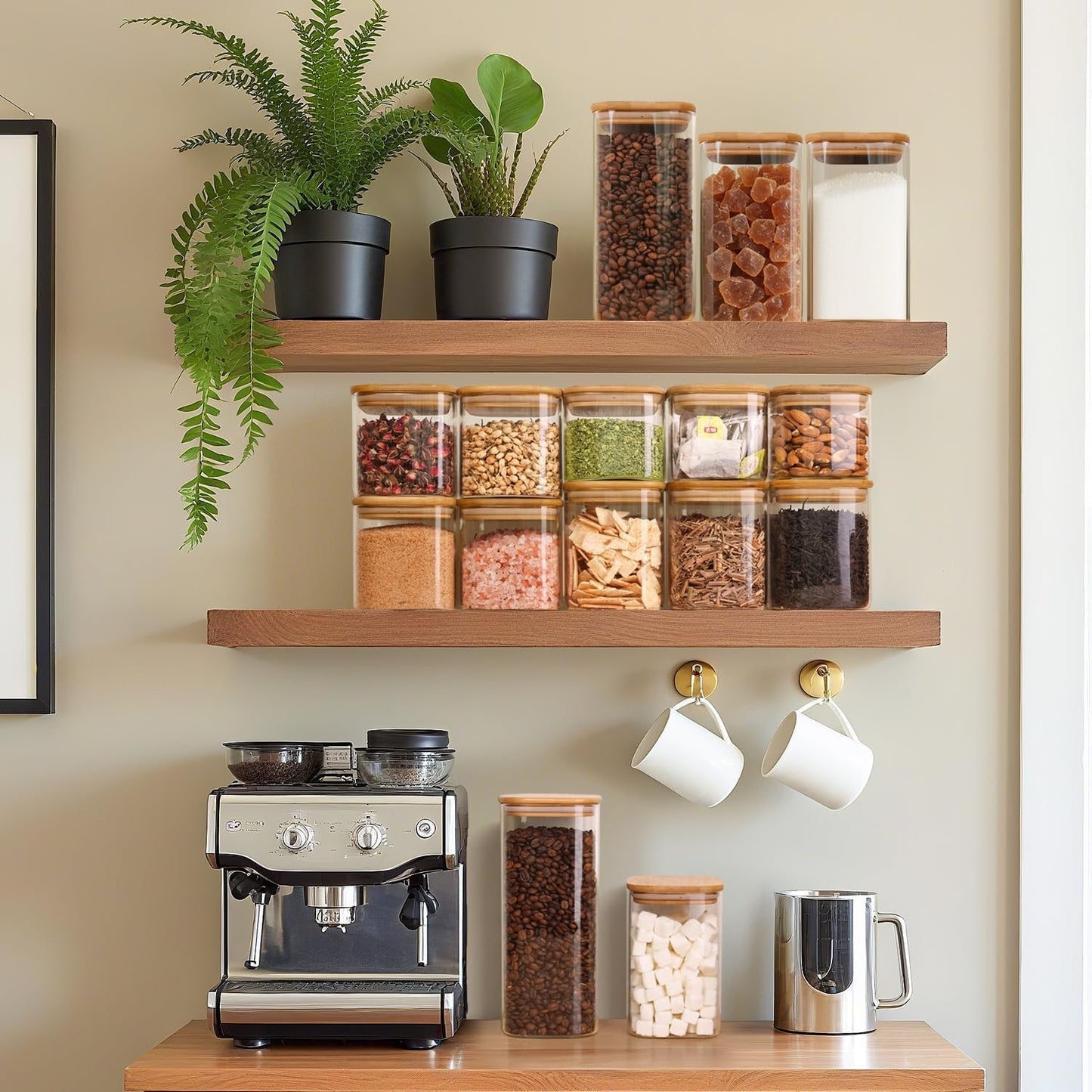 ComSaf Set of 6 1.1L Square Glass Food Storage Jars with Bamboo Lids NEW