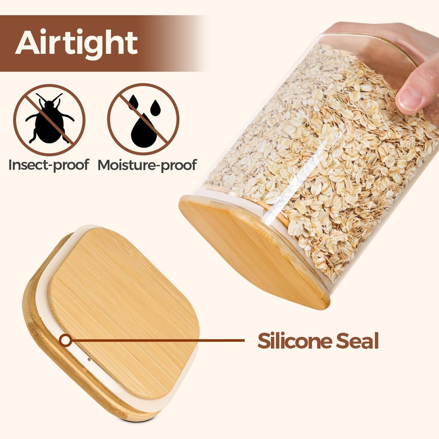 ComSaf Set of 6 1.1L Square Glass Food Storage Jars with Bamboo Lids NEW