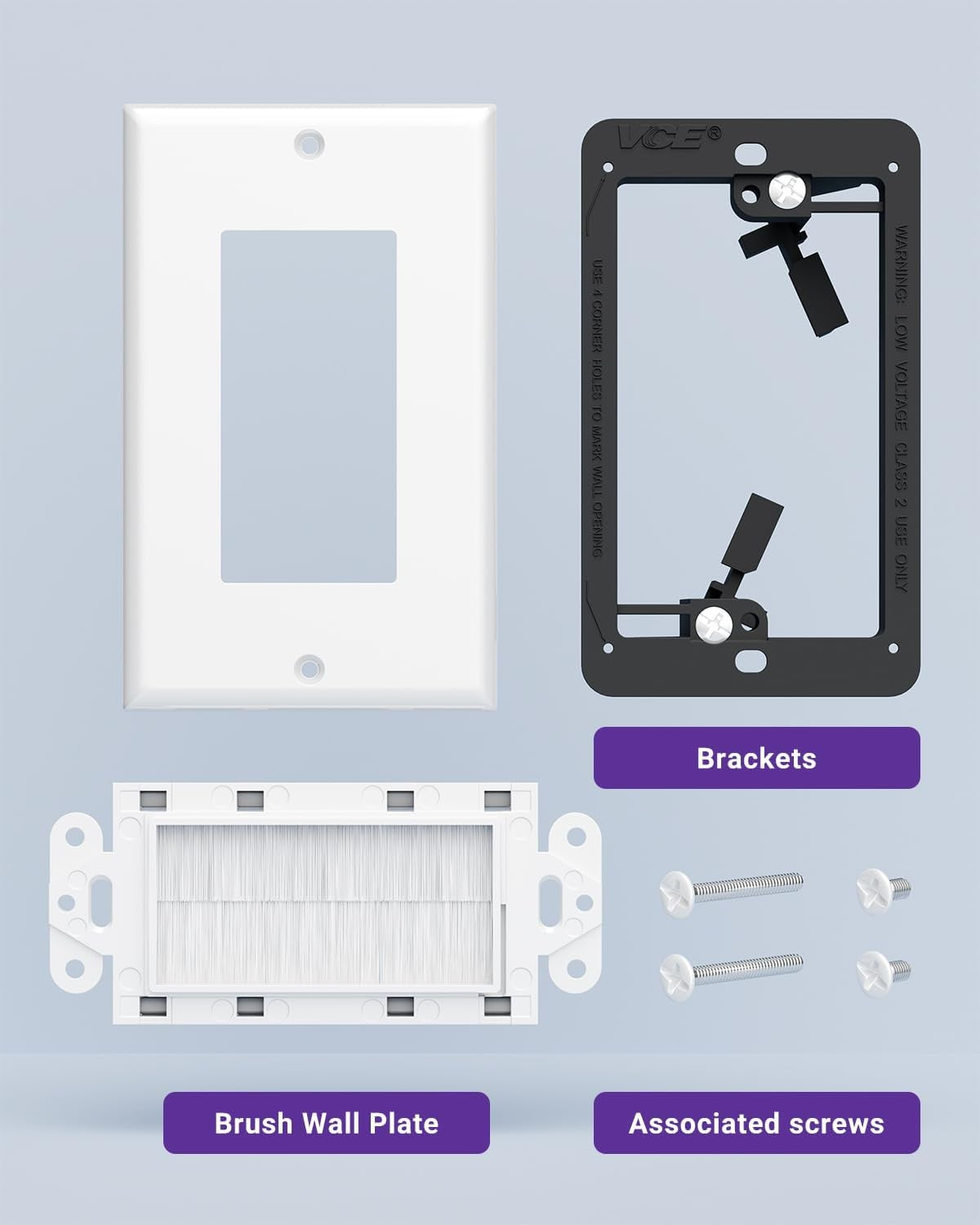 VCELink 2 Pack Brush Wall Plate Cable Pass with Mounting Bracket in White NEW