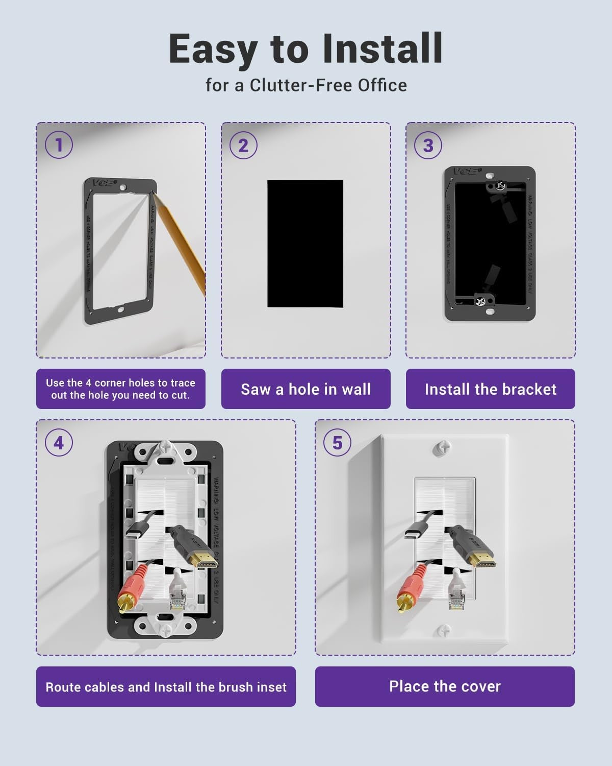 VCELink 2 Pack Brush Wall Plate Cable Pass with Mounting Bracket in White NEW