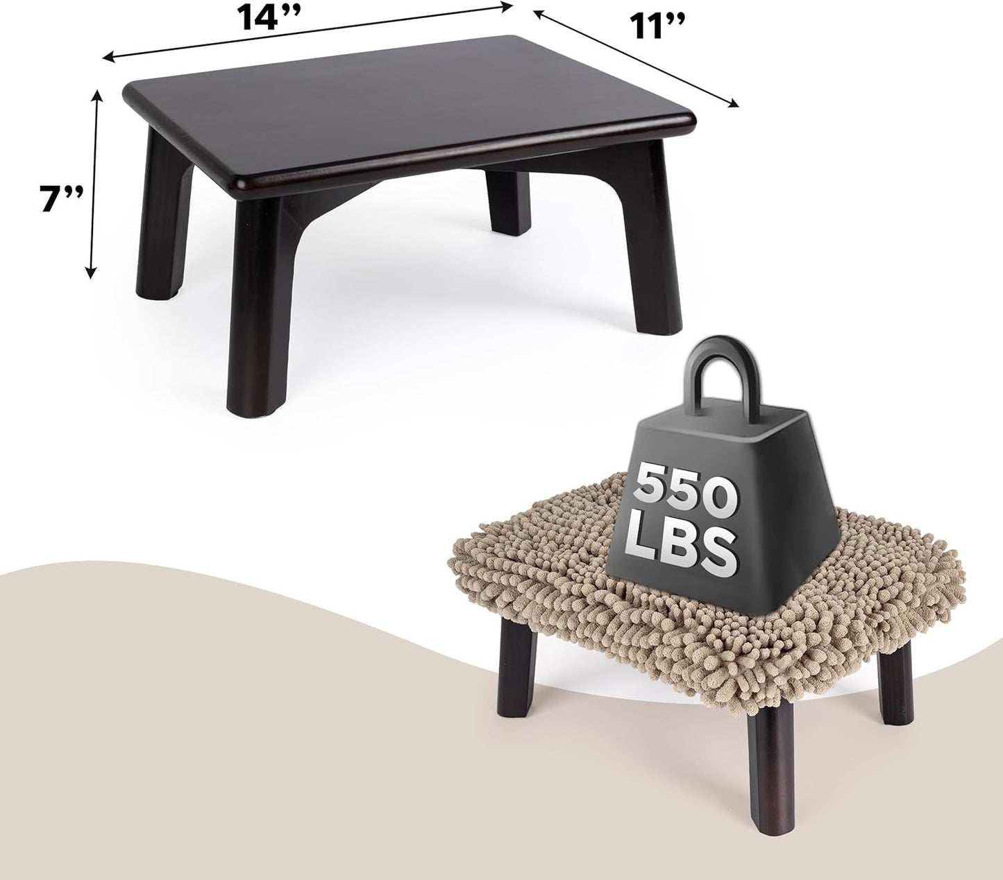 Sunlit Black Wooden Step Stool with Taupe Absorbent Cover 550lbs Capacity NEW