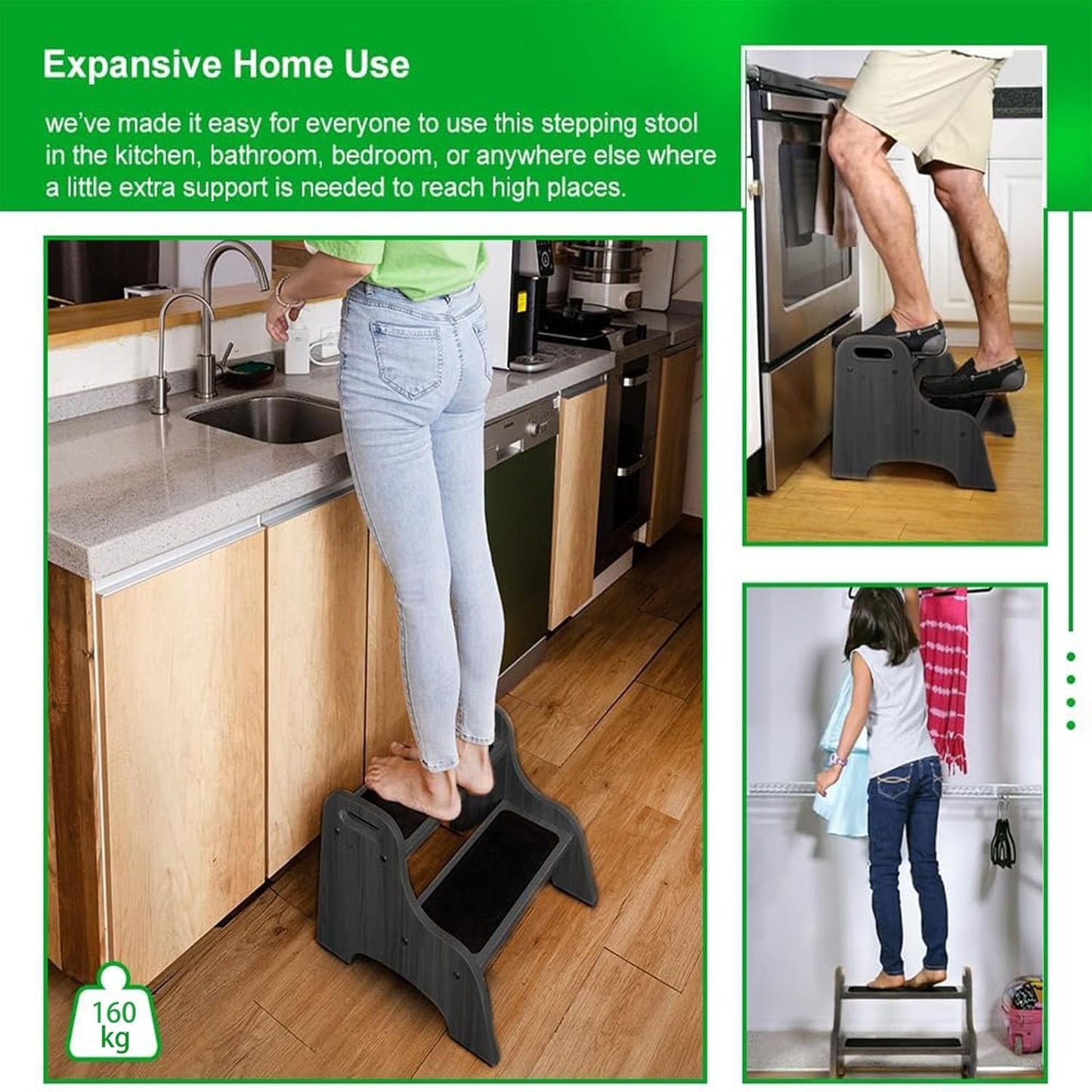 StrongTek 2 Step Stool Kids Dark Brown Non-Slip 300lbs Heavy-Duty Portable NEW