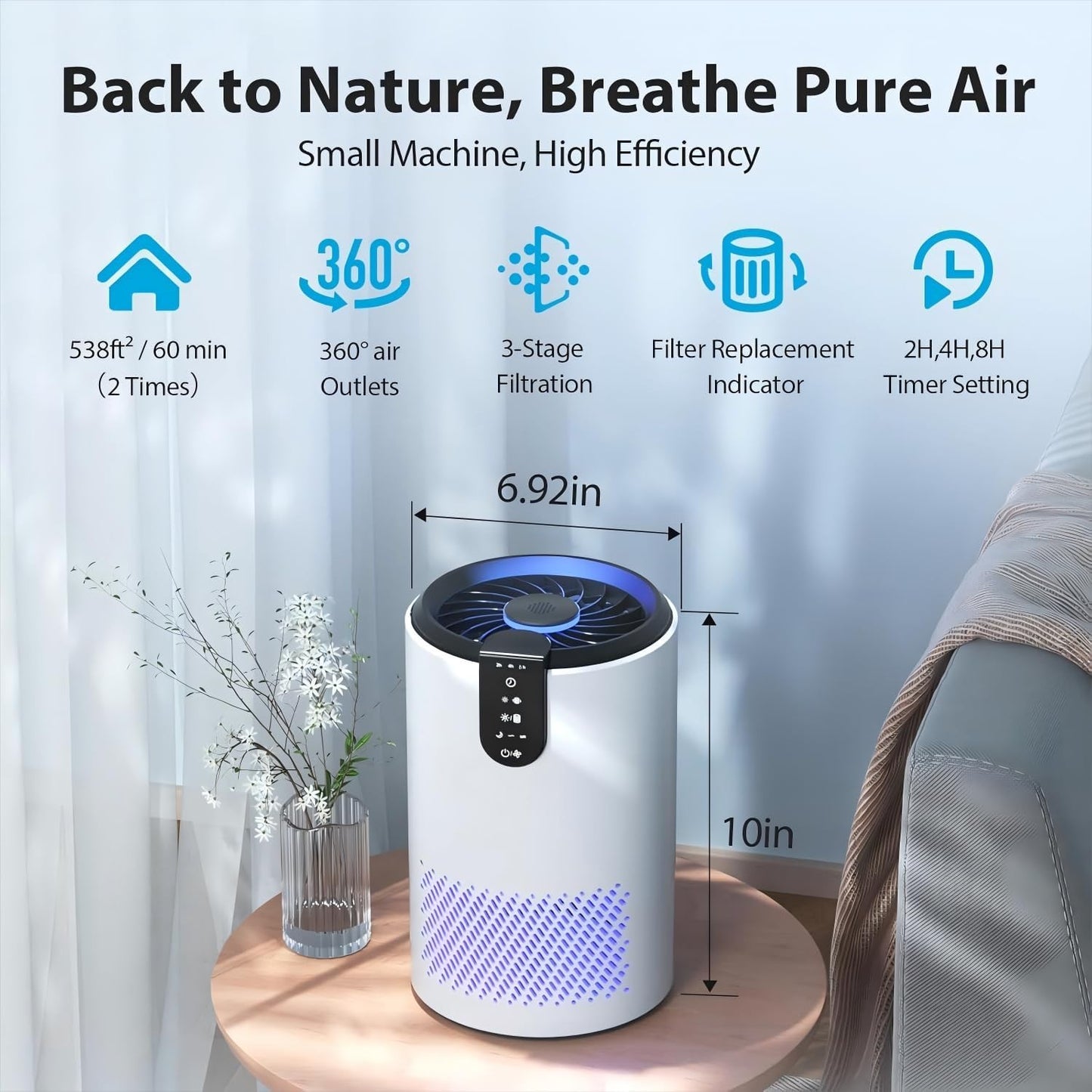 KYUKRI KJ10 HEPA Air Purifier 3-in-1 Filter Dust Smoke Odors Quiet Timer NEW