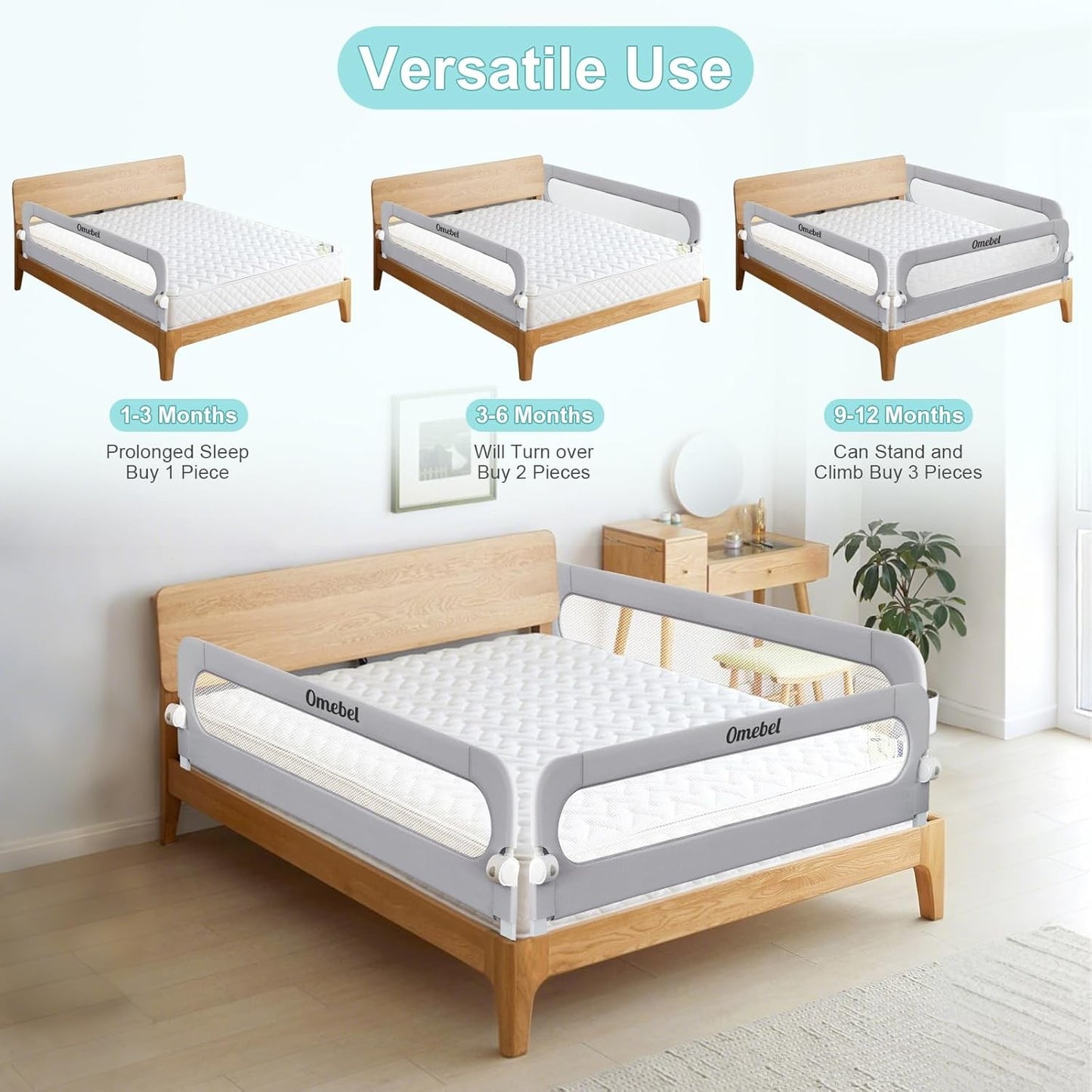 Omebel Adjustable Folding Toddler Bed Safety Rail Guard 180cm in Grey NEW