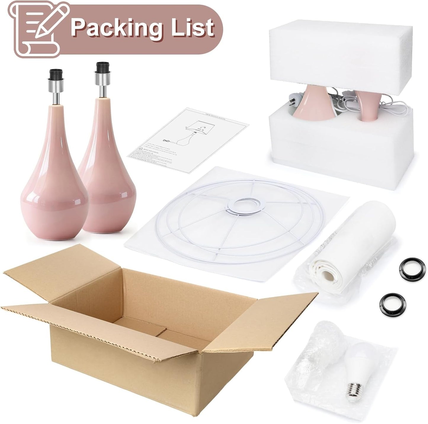 Tisuokae 2 Pack 50cm E27 LED Bulbs Pink Ceramic Bedside Lamps Nightstand NEW