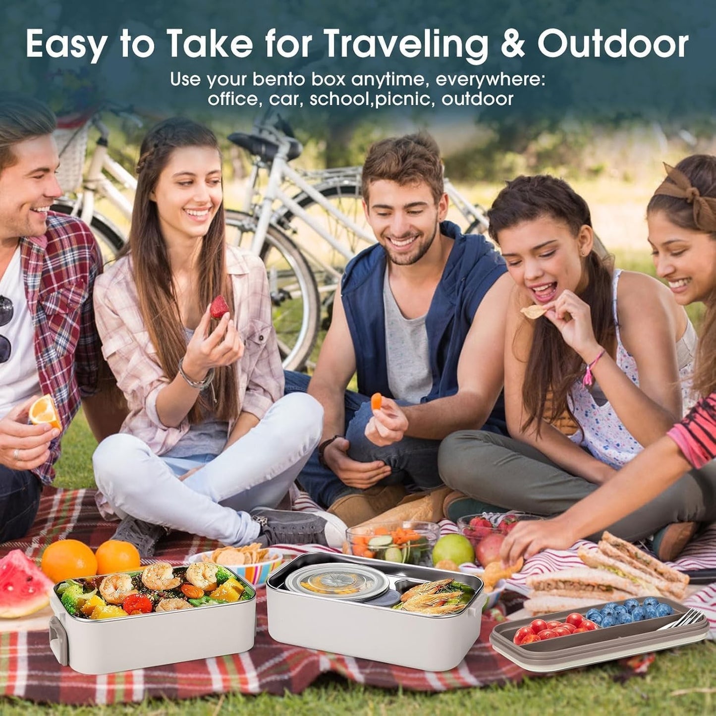 Reabulun Creamy White Bento Box Adult Lunch Container with Soup Bowl