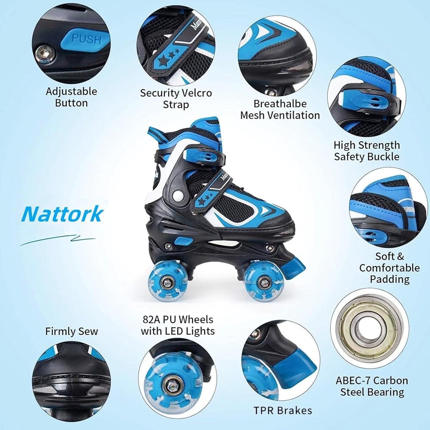 BASYNOL Nattork Kids Roller Skates with Light Up Wheels Adjustable Blue