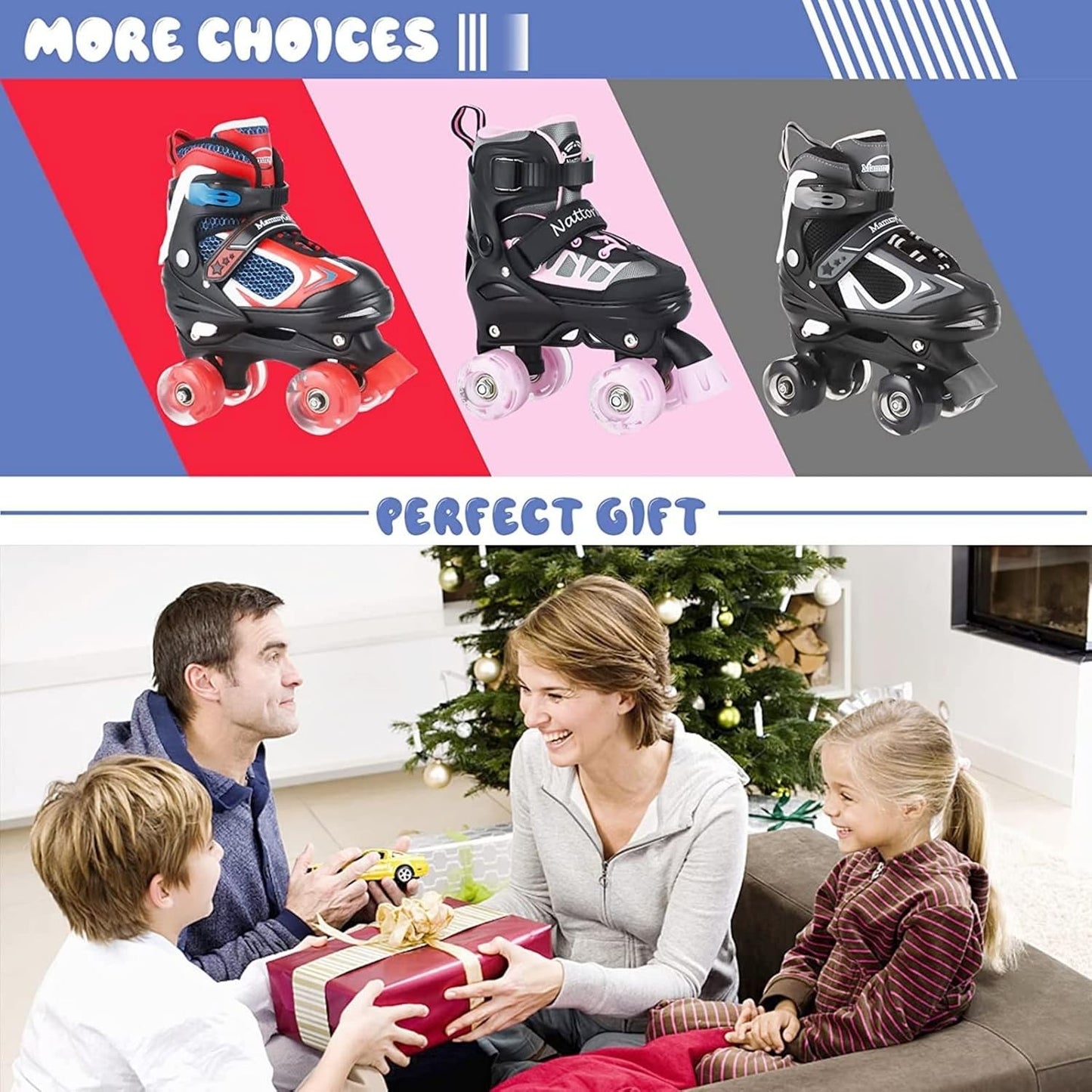 BASYNOL Nattork Kids Roller Skates with Light Up Wheels Adjustable Blue