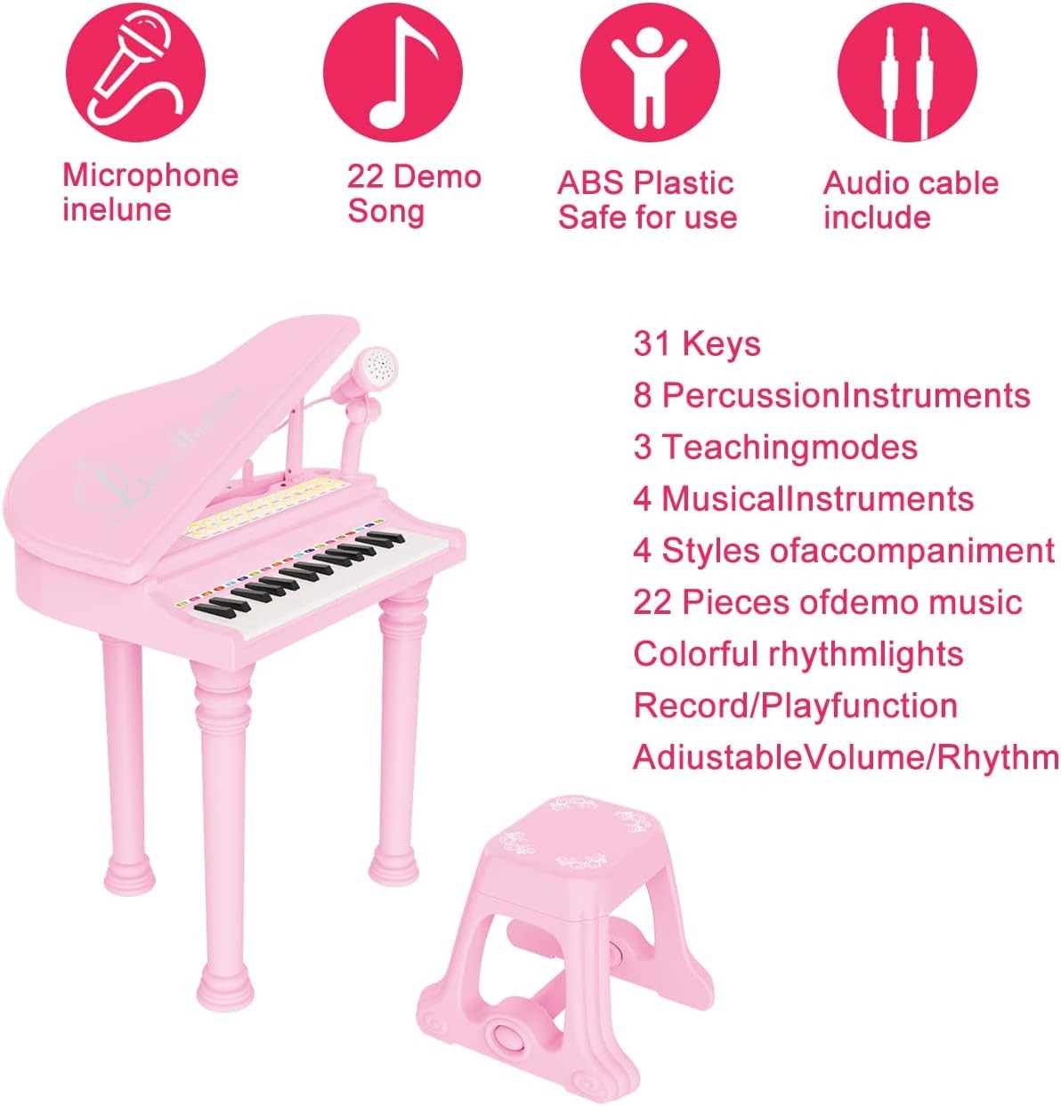 Losbenco P1504A Kids Piano Keyboard Toy with Microphone Pink