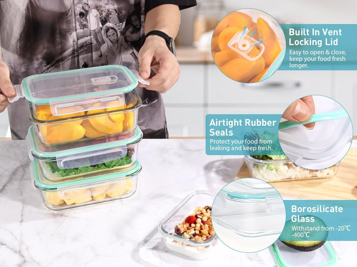 Feshory 5 Pack Airtight Glass Food Storage Containers with Lids