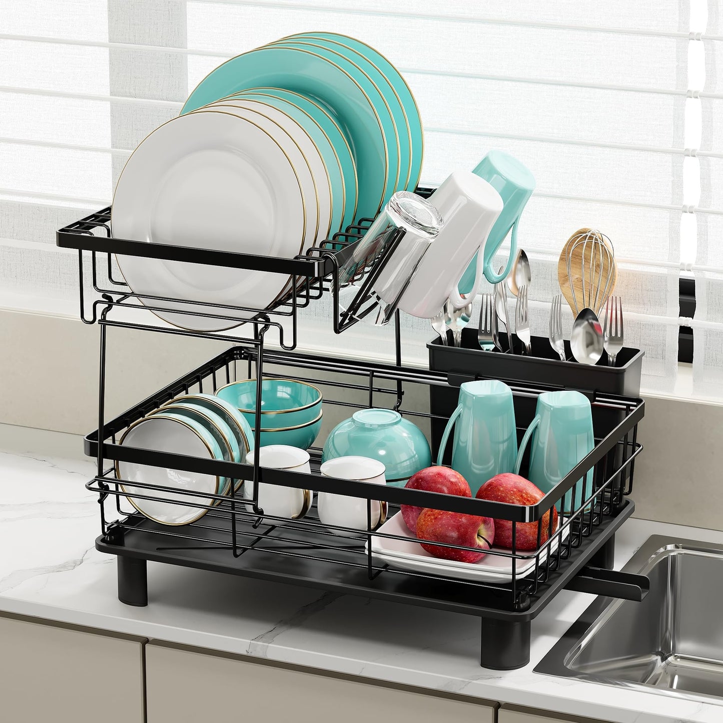 Boosiny 2 Tier Dish Drying Rack for Kitchen Countertop with Drainboard