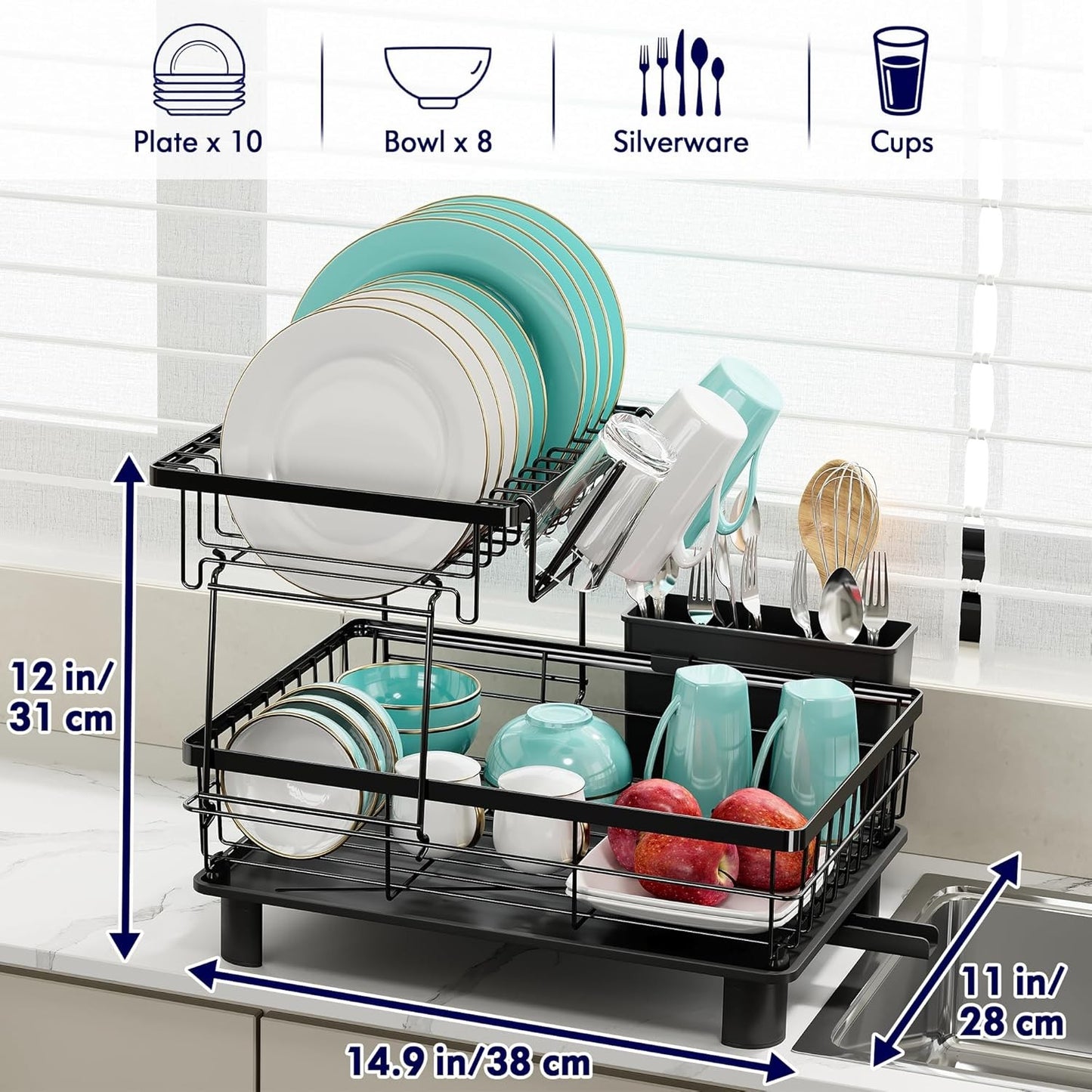 Boosiny 2 Tier Dish Drying Rack for Kitchen Countertop with Drainboard
