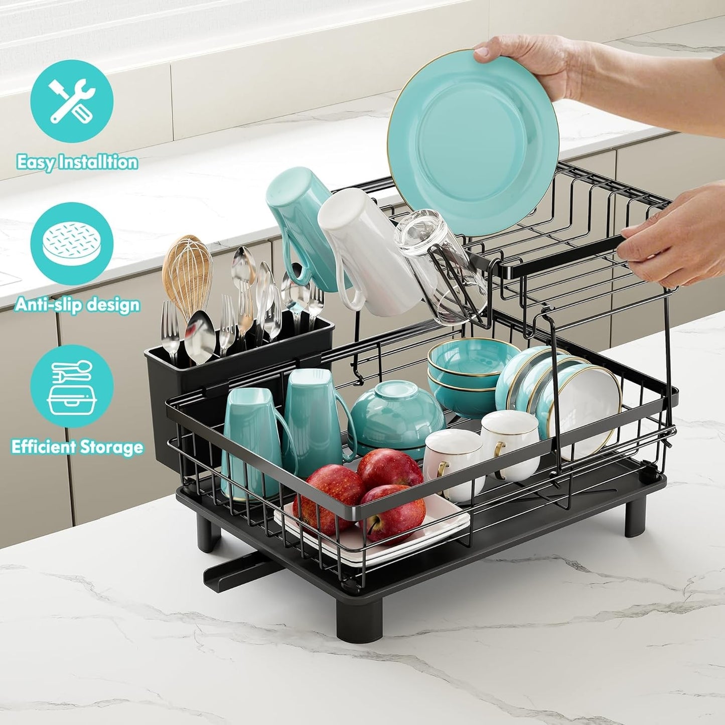 Boosiny 2 Tier Dish Drying Rack for Kitchen Countertop with Drainboard