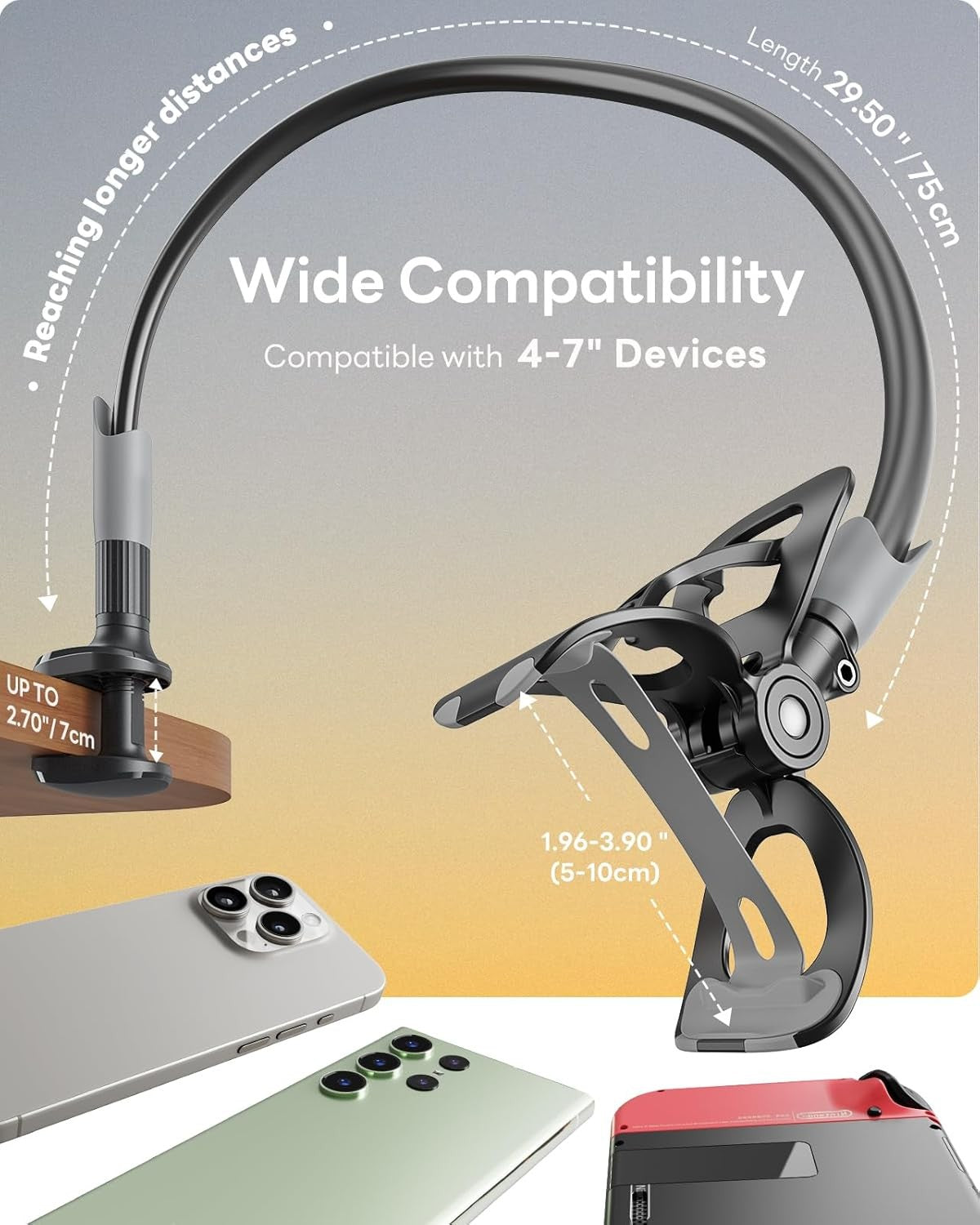 SAIJI Gooseneck Bed Phone Holder with Flexible Long Arm Clamp Stand