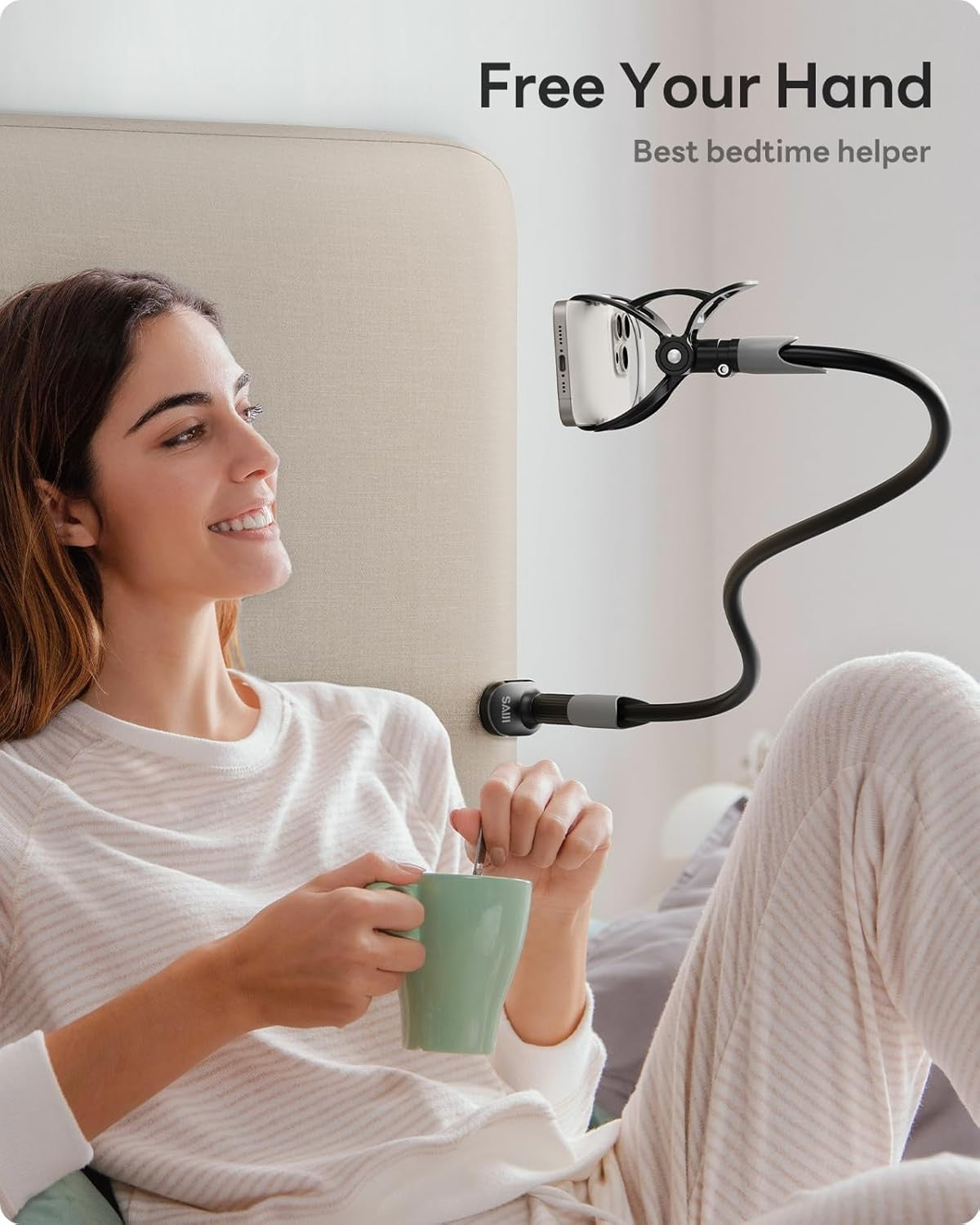 SAIJI Gooseneck Bed Phone Holder with Flexible Long Arm Clamp Stand