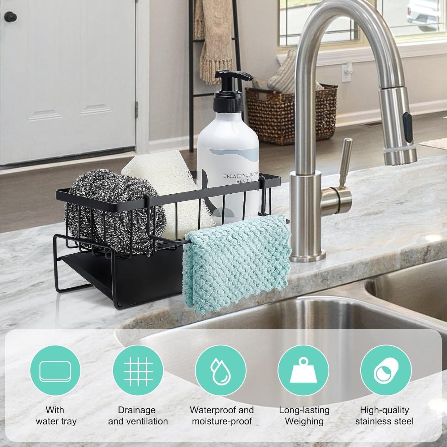 Fiabgum Kitchen Sink Caddy Organizer Black 304 Stainless Steel