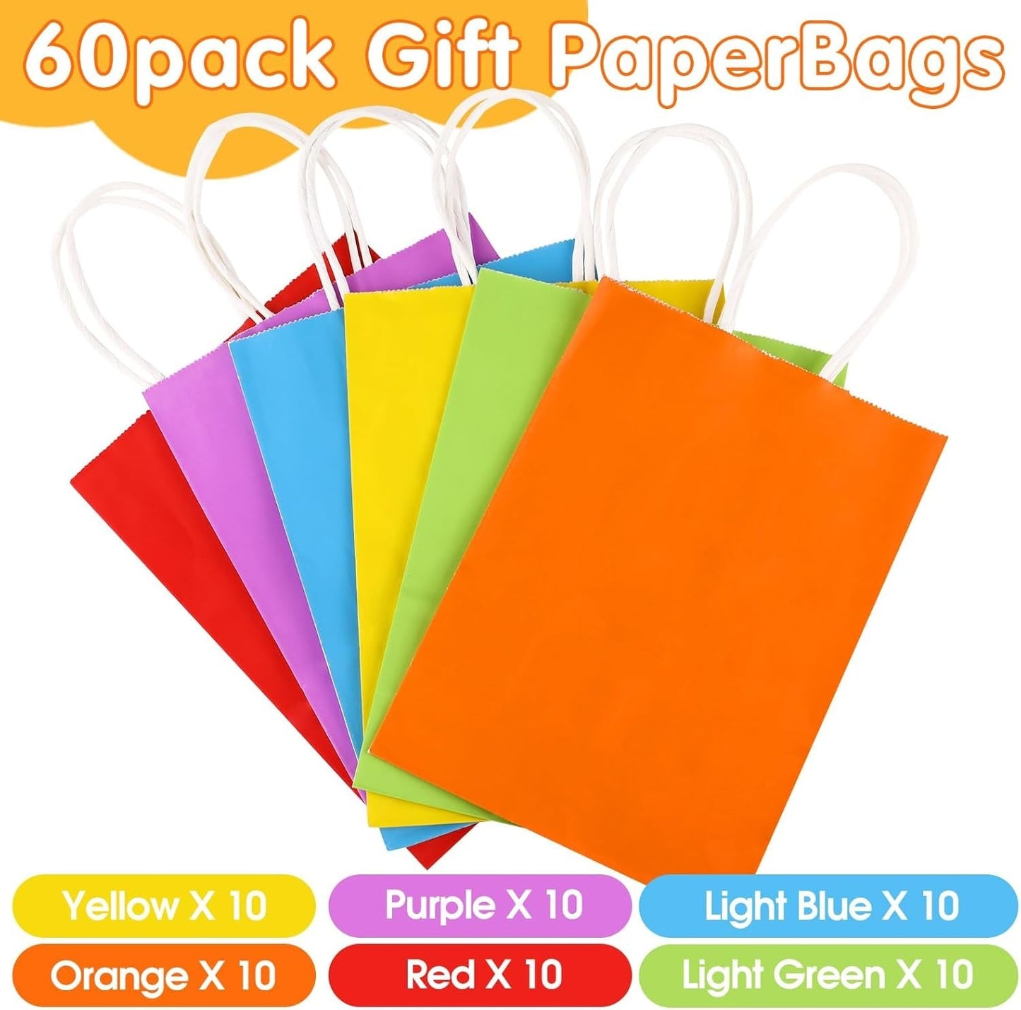 NeulSun 60 Pack Rainbow Kraft Paper Gift Bags with Handles for Parties