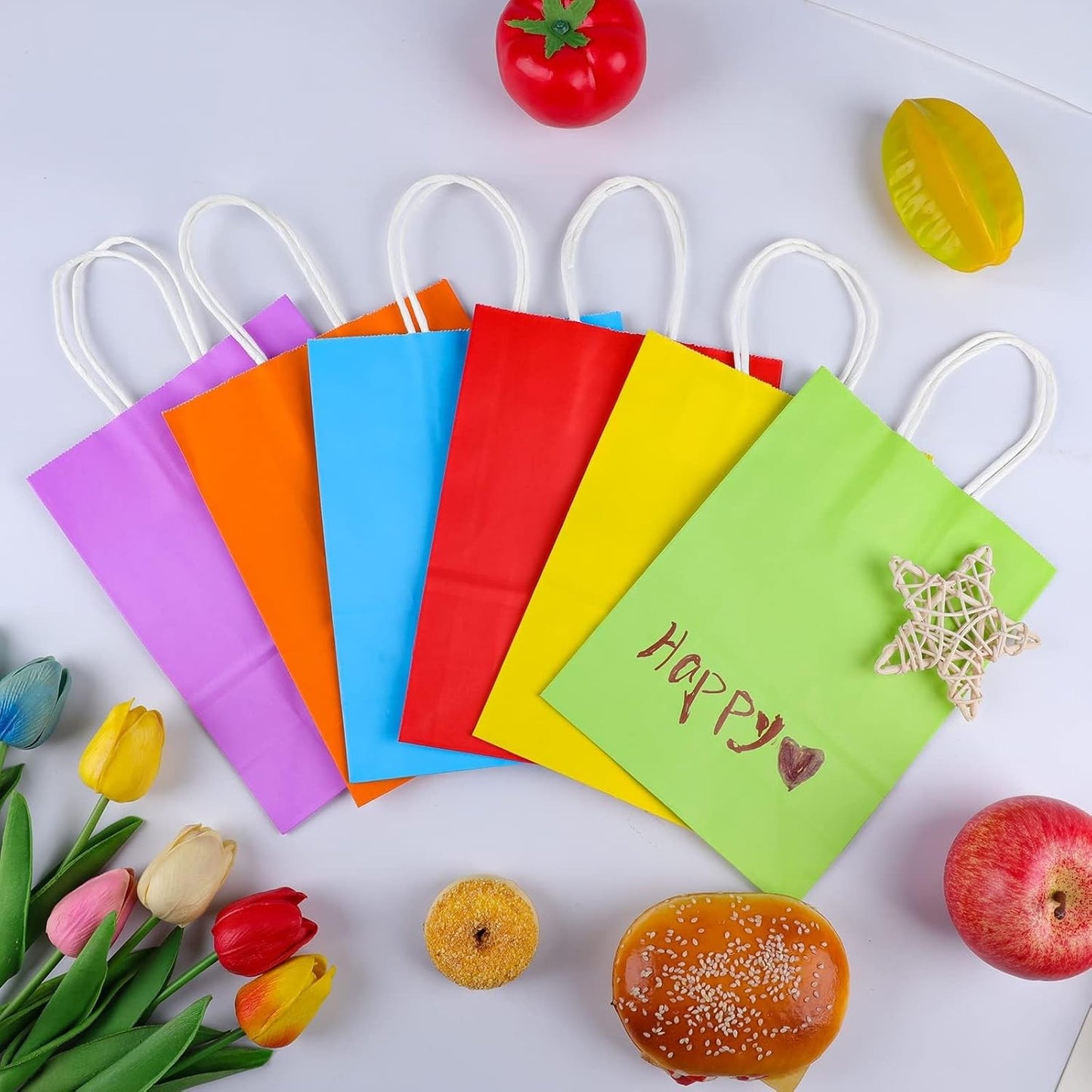 NeulSun 60 Pack Rainbow Kraft Paper Gift Bags with Handles for Parties