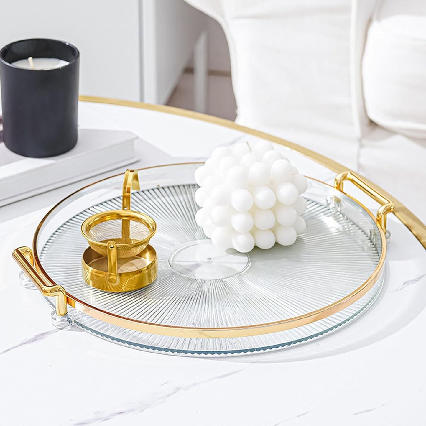 Sxhlseller Round Decorative Tray with Gold Handles for Serving Desserts