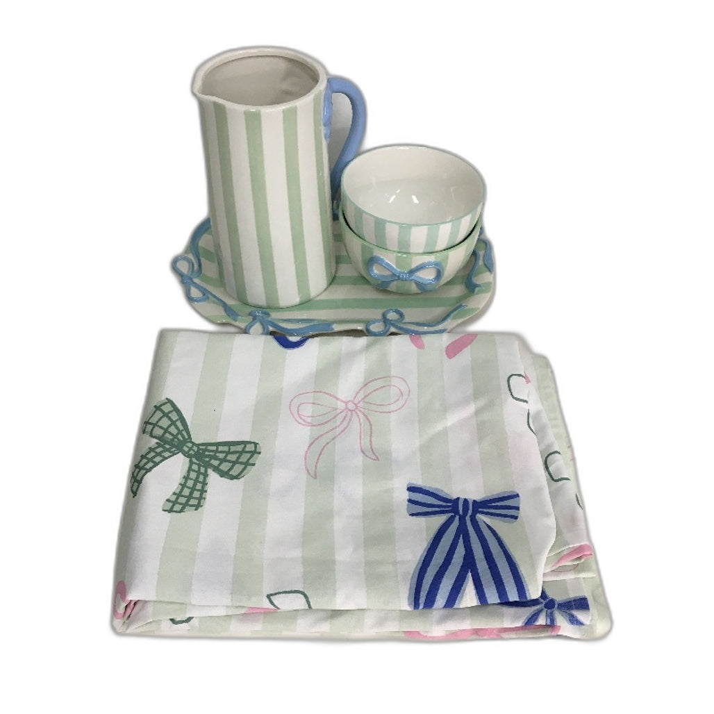 Ceramic Green White Stripe With Bows Jug, Serving Dishes & Tablecloth Set NEW