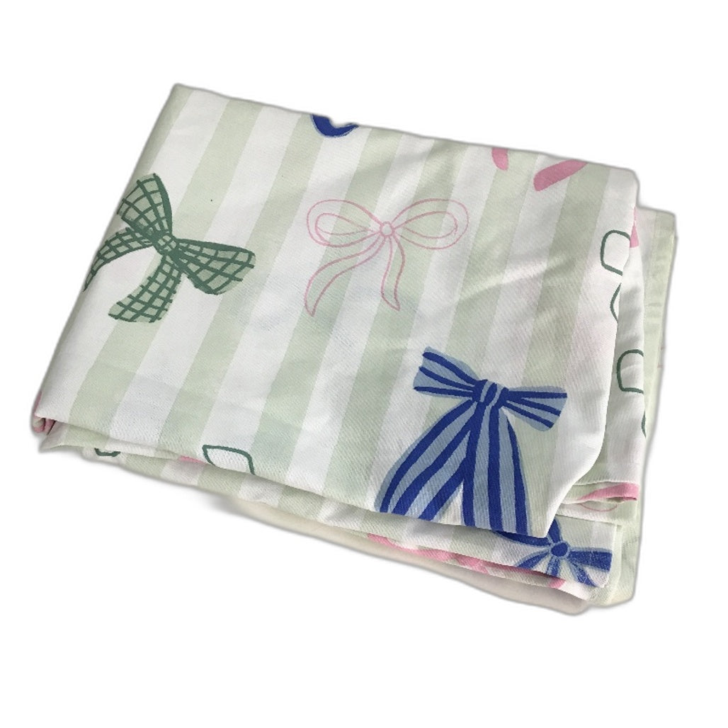 Ceramic Green White Stripe With Bows Jug, Serving Dishes & Tablecloth Set NEW