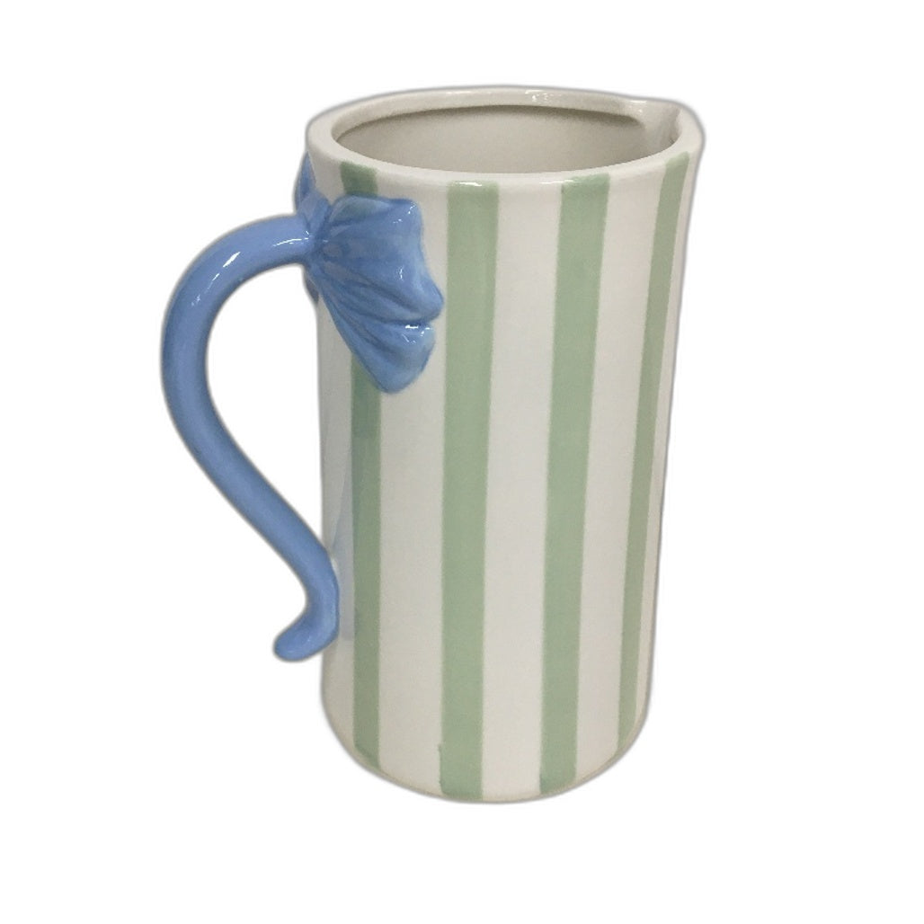 Ceramic Green White Stripe With Bows Jug, Serving Dishes & Tablecloth Set NEW