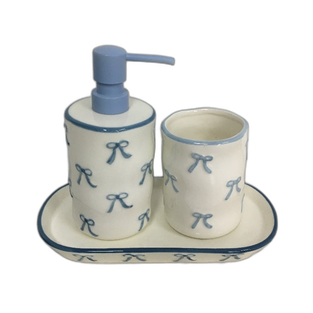 White Ceramic Blue Bow Accent 5 Piece Bathroom Container & Toilet Set NEW