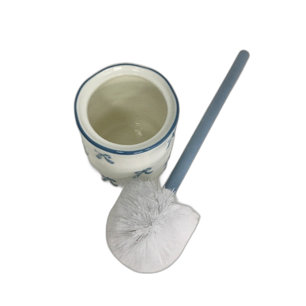 White Ceramic Blue Bow Accent 5 Piece Bathroom Container & Toilet Set NEW