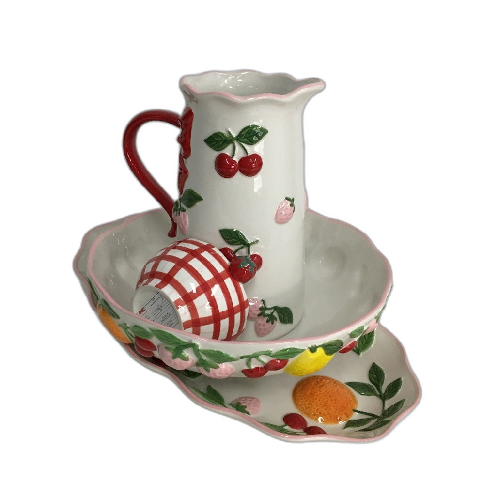 Fruit Salad White & Strawberries Home Decor Ceramic Jug & Platter 4 Pce Set NEW