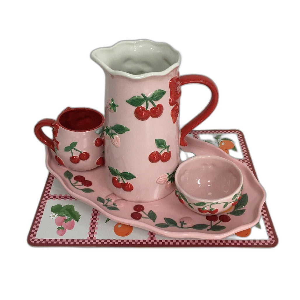 Fruit Salad Pink Cherries Strawberries Ceramic Jug Platter Mug 6 Pce Set NEW