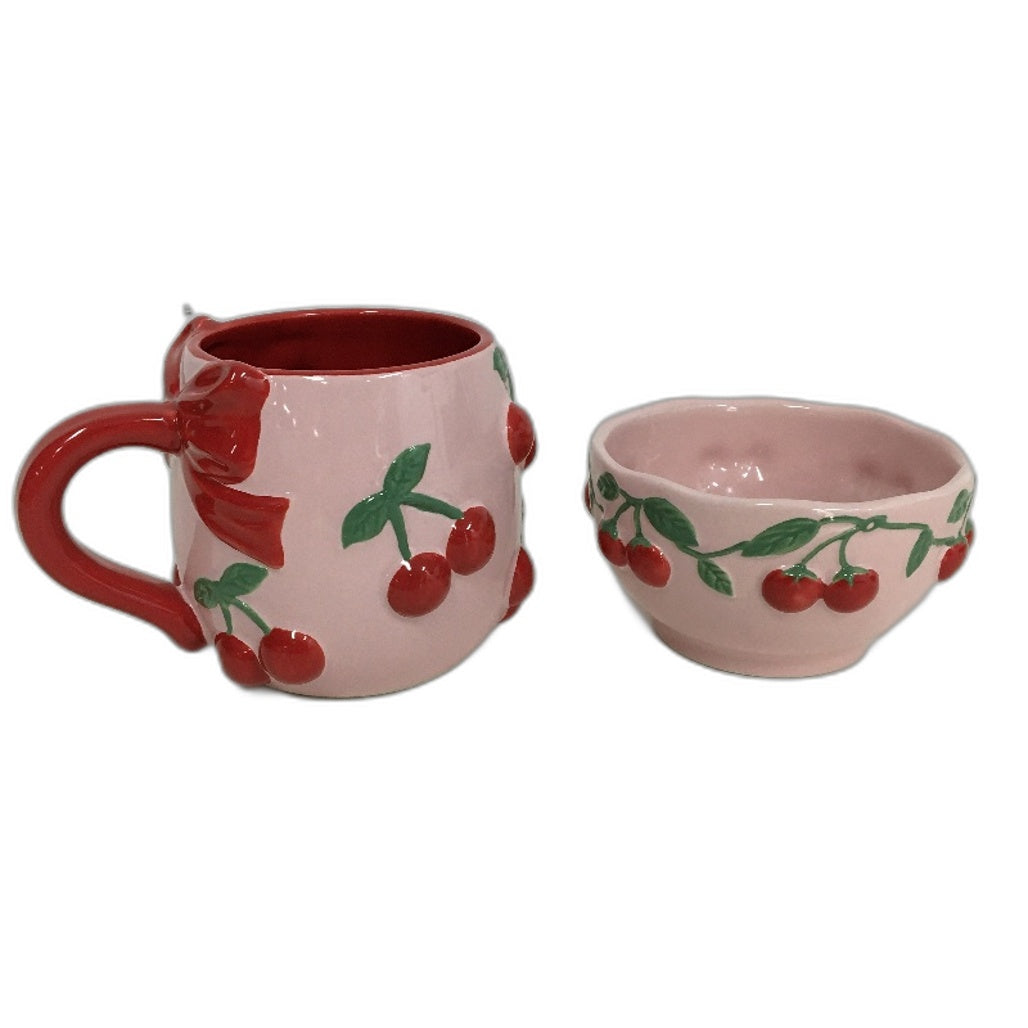 Fruit Salad Pink Cherries Strawberries Ceramic Jug Platter Mug 6 Pce Set NEW